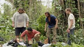 Charlie (Dominic Monaghan, r.), Desmond (Henry Ian Cusick, 2.v.r.), Hurley (Jorge Garcia, l.) und Jin (Daniel Dae Kim, 2.v.l.) haben die Fallschirmspringerin (Marsha Thomason, liegend) entdeckt ... © Touchstone  Television